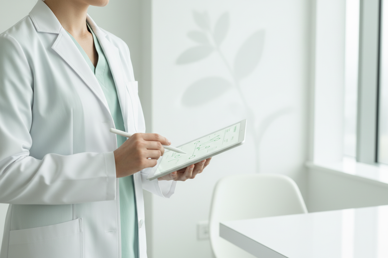 Create a clean, minimalist wellness-themed image for a supplement brand.
Soft light green and white color palette (matching ZAFIROX®).
Scene: A doctor or health professional in a modern, bright clinic, wearing a white coat.
No face visible — only torso and hands for a clean, trustworthy, scientific look.
The doctor is holding a clipboard or digital tablet.
A subtle botanical element (mint leaf or soft plant shadow) can appear in the background.
Aesthetic: scientific, modern, premium, minimalistic.
Compositi